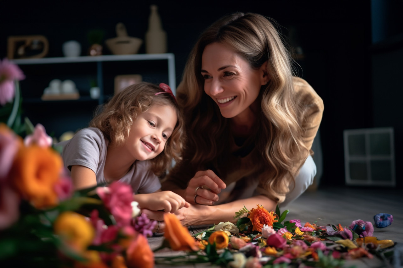 Picture of a young mom and her daughter caring for flowers while sitting on the floor at home, indoor activities for kids