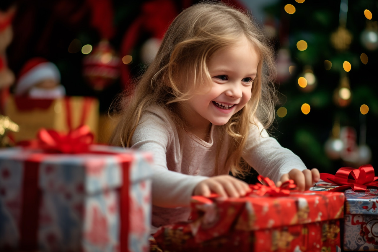 A picture of happy children opening presents on christmas and other holidays, christmas festival people image