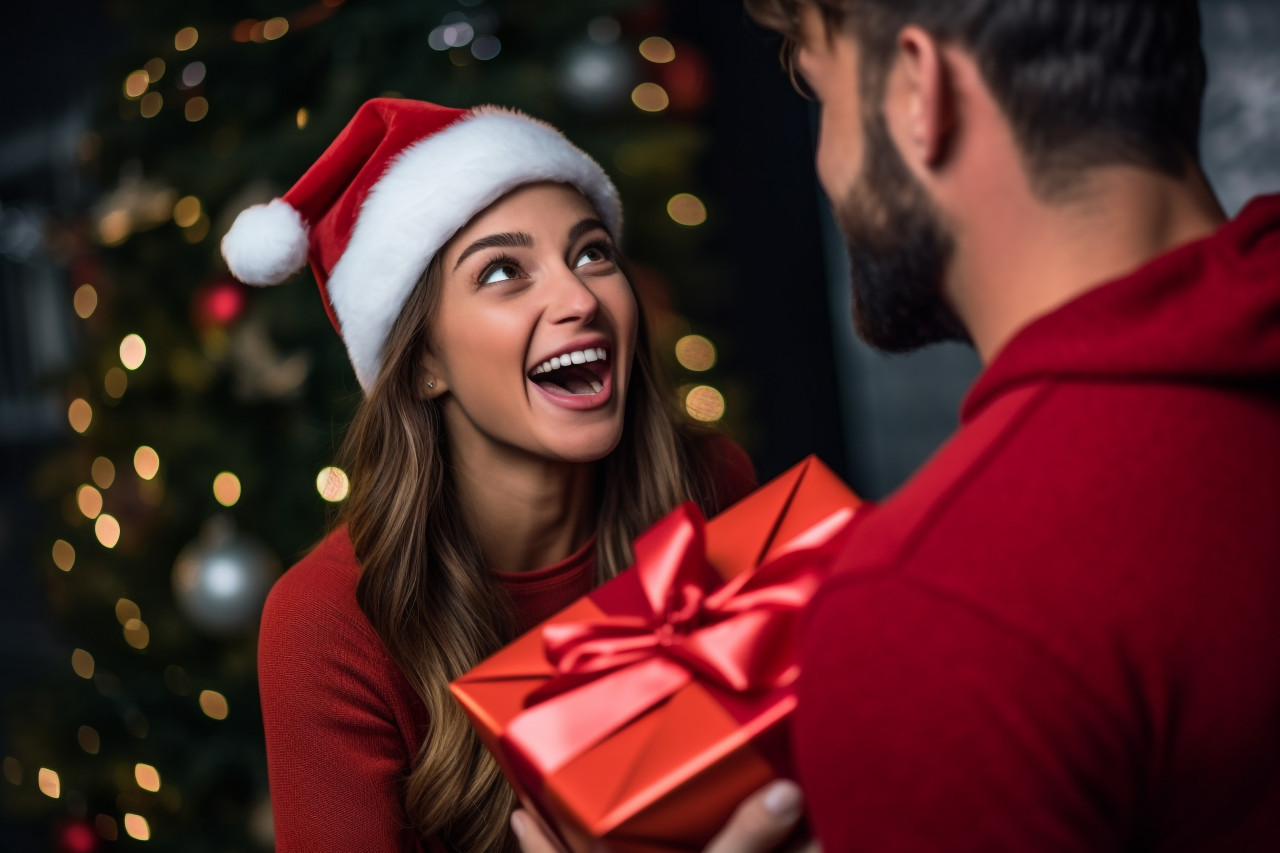 A close up photo of a man giving his girlfriend a christmas gift, christmas festival people image