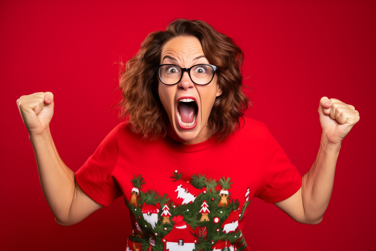 A photo of a crazy and funny couple celebrating victory by raising their fists, christmas festival people image
