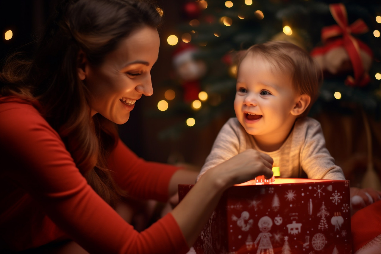 A photo of a happy family opening a christmas gift box in front of a christmas tree, christmas festival people image