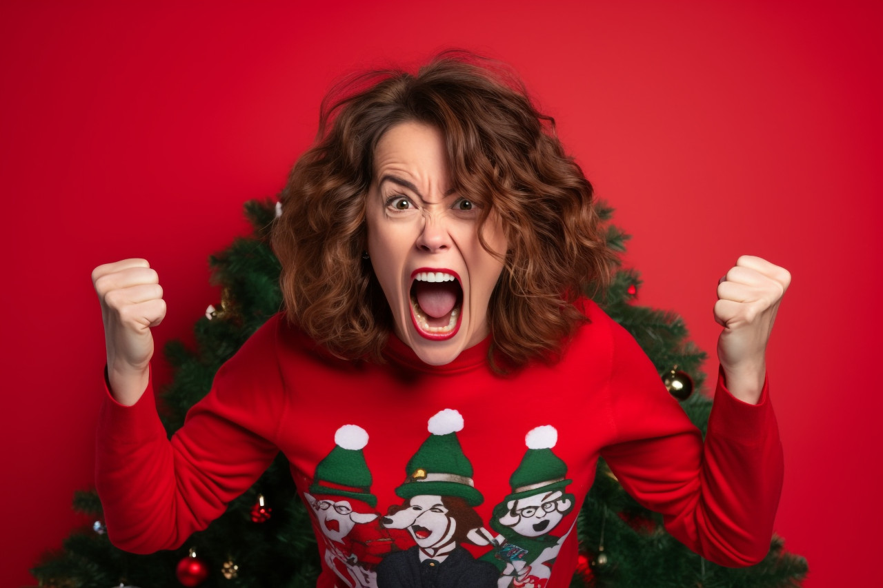 A photo of a crazy and funny couple celebrating victory by raising their fists, christmas festival people image