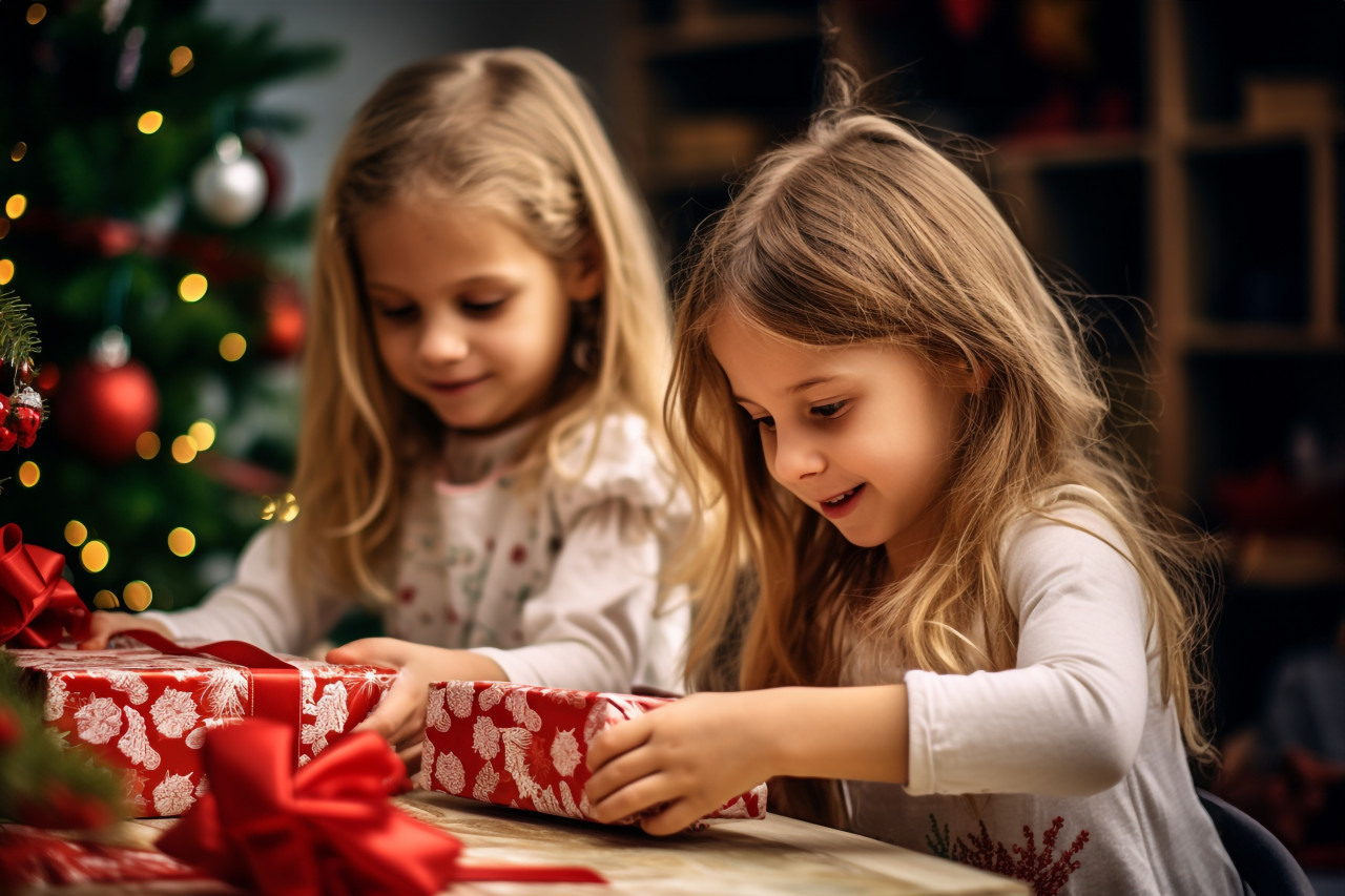 A picture of happy children opening presents on christmas and other holidays, christmas festival people image