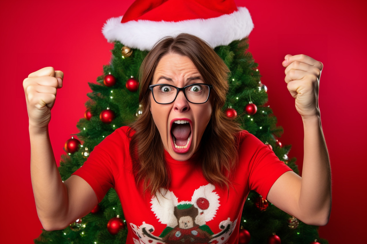 A photo of a crazy and funny couple celebrating victory by raising their fists, christmas festival people image