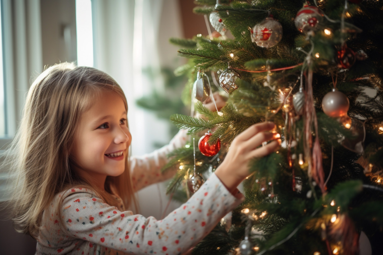 A picture of a mother and her daughter decorating a christmas tree at home during the winter holidays, christmas festival people image