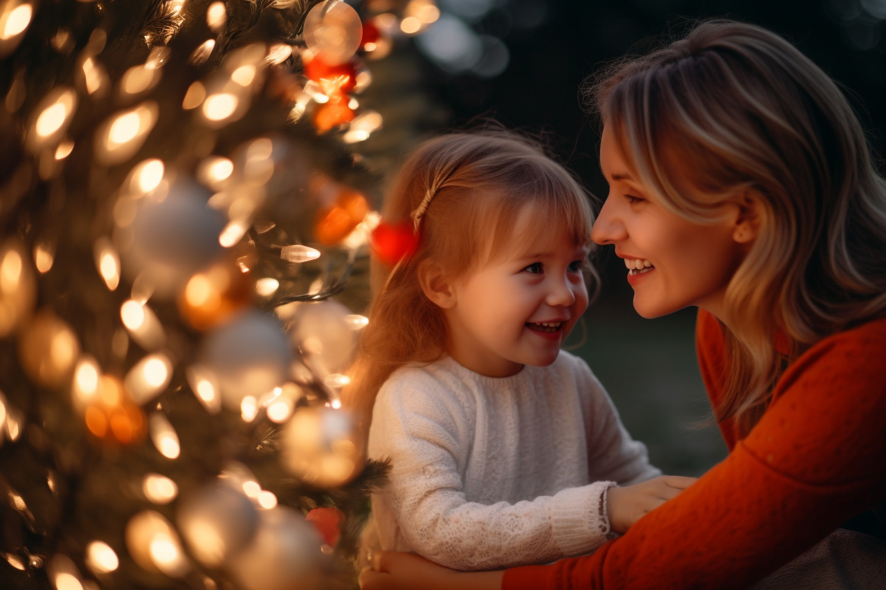 A picture of a happy mother and her daughter celebrating christmas with a glowing garland near a christmas tree, christmas festival people image
