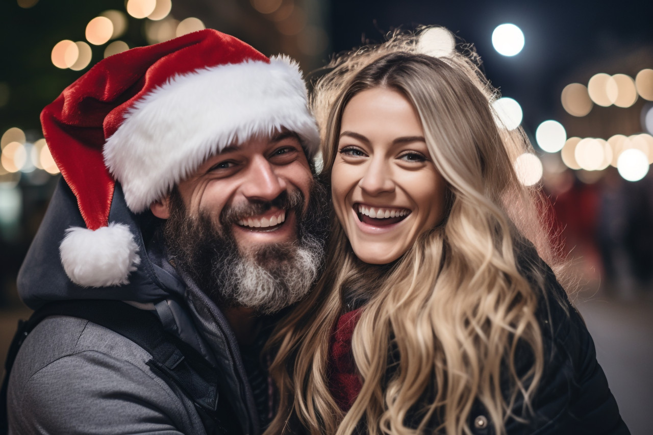 A photo of a happy couple having fun on christmas eve outside, christmas festival people image