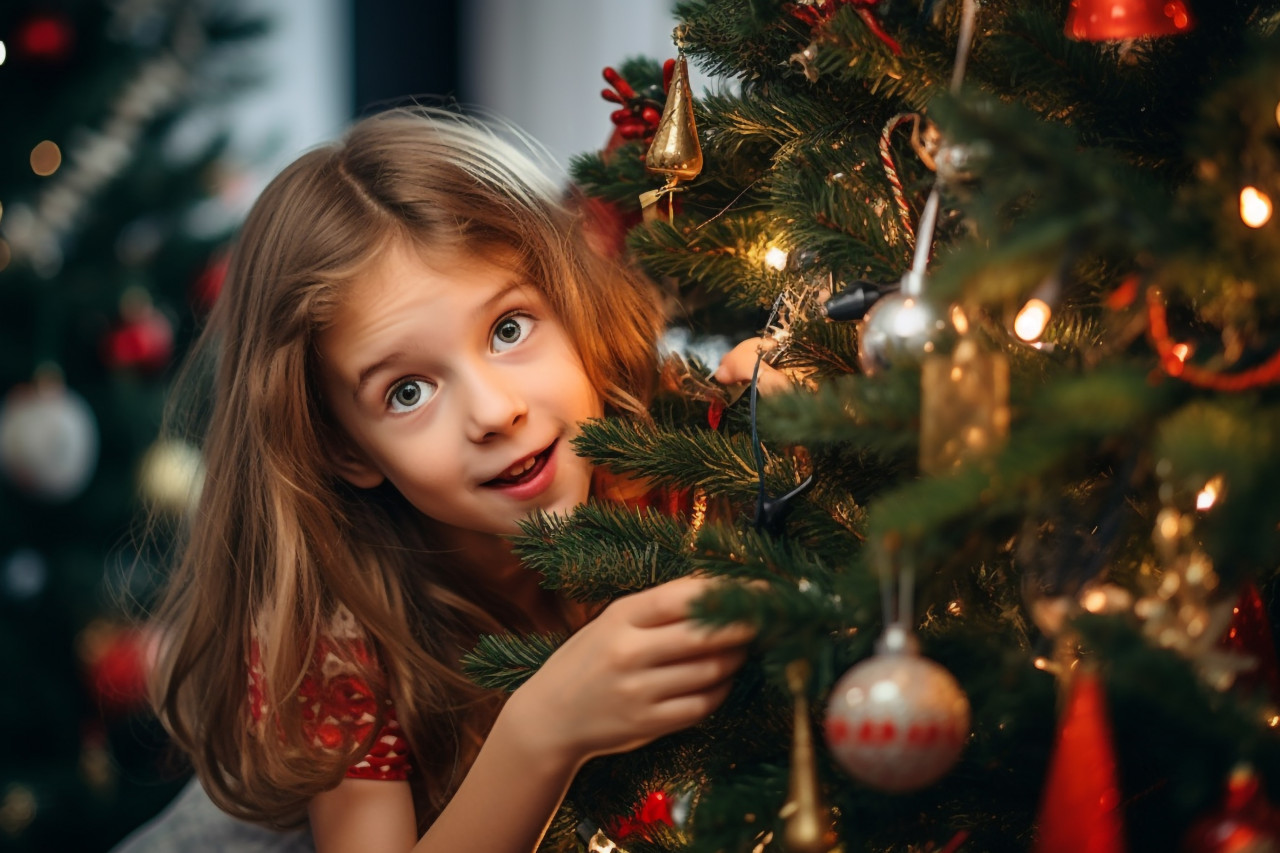 A photo of a daughter decorating the christmas tree inside, christmas festival people image