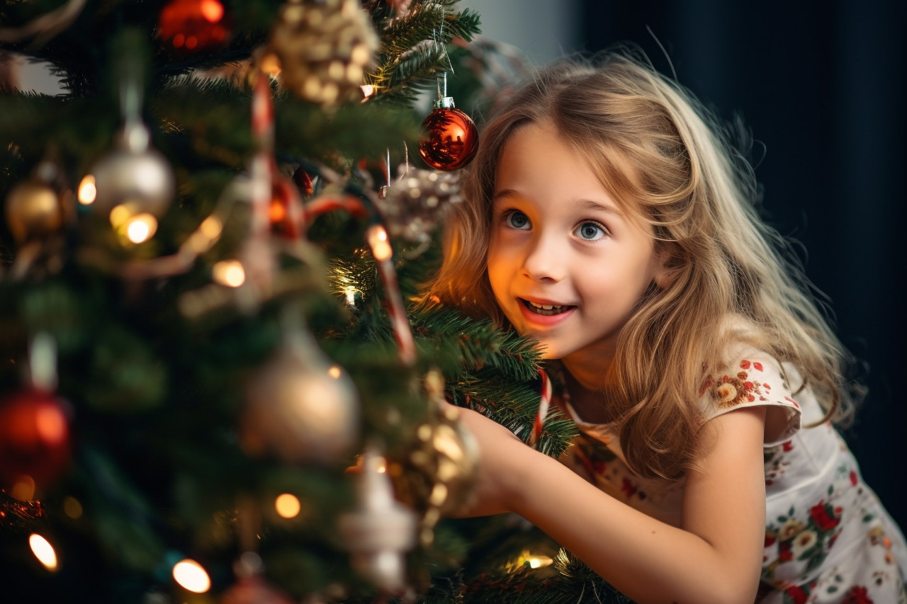 A photo of a daughter decorating the christmas tree inside, christmas festival people image