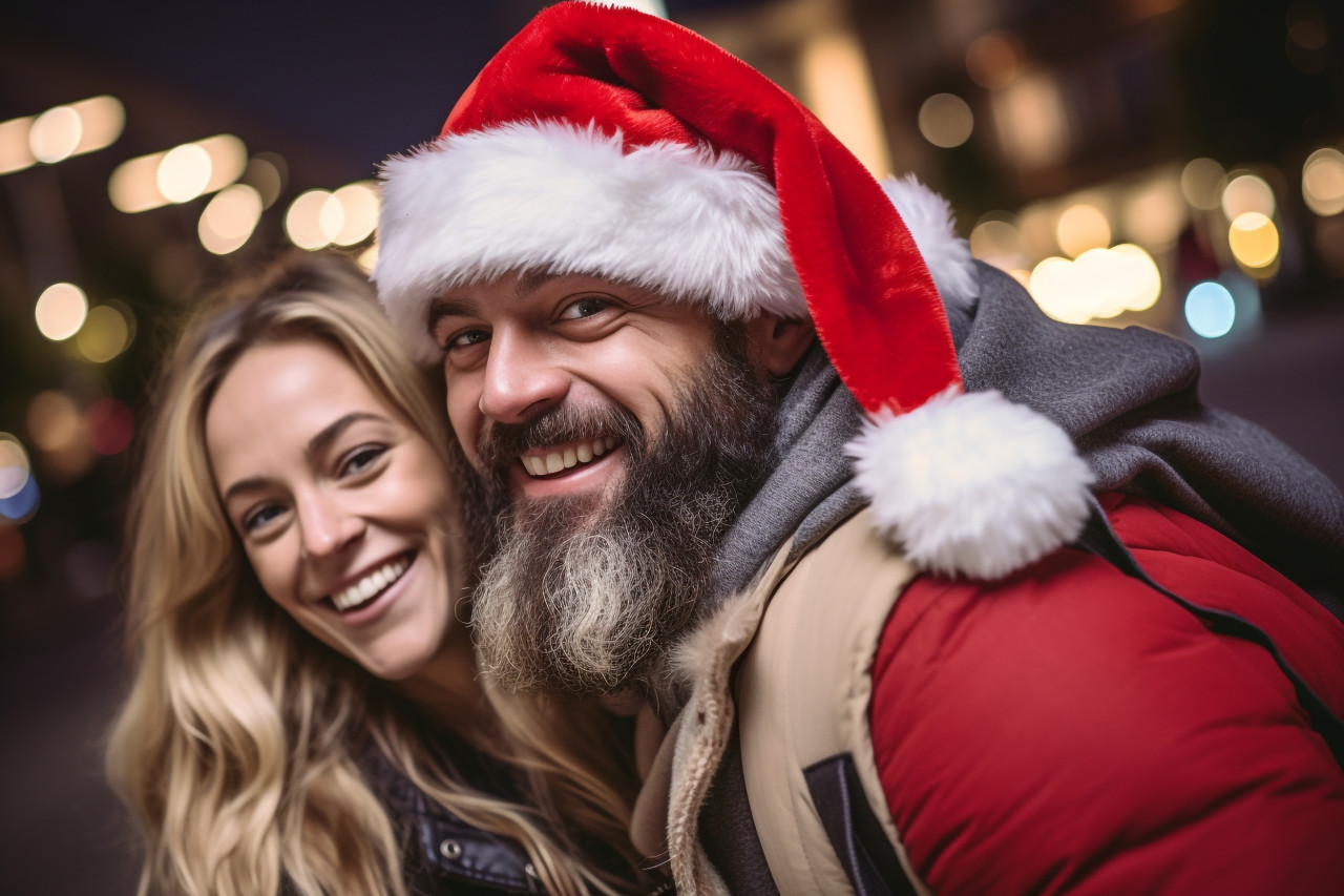 A photo of a happy couple having fun on christmas eve outside, christmas festival people image