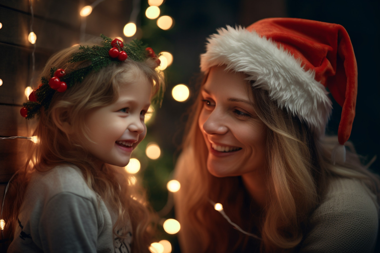A picture of a happy mother and her daughter celebrating christmas with a glowing garland near a christmas tree, christmas festival people image