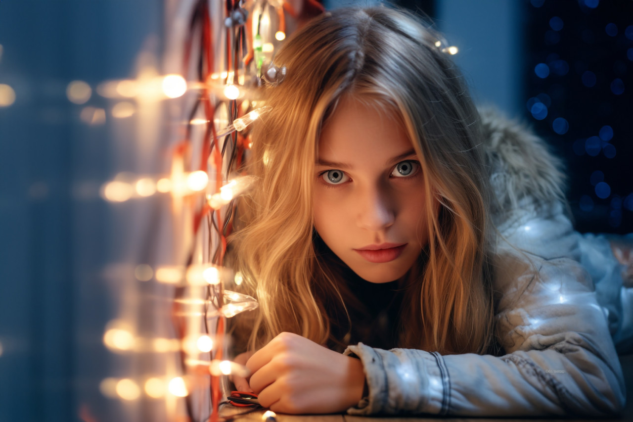 A photo of two young people in fashionable christmas clothes standing in front of a colored background, christmas festival people image