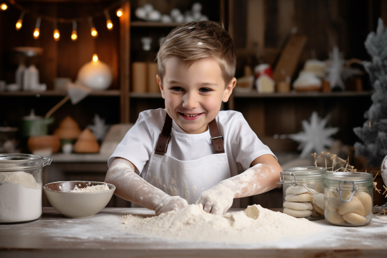 A picture of a cute boy with flour on his face baking christmas cookies, christmas festival people image