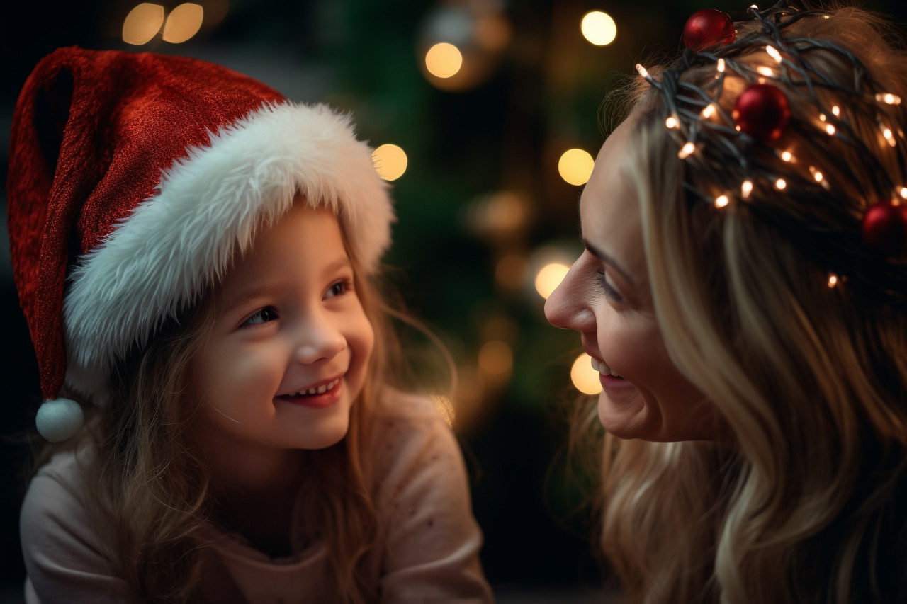 A picture of a happy mother and her daughter celebrating christmas with a glowing garland near a christmas tree, christmas festival people image