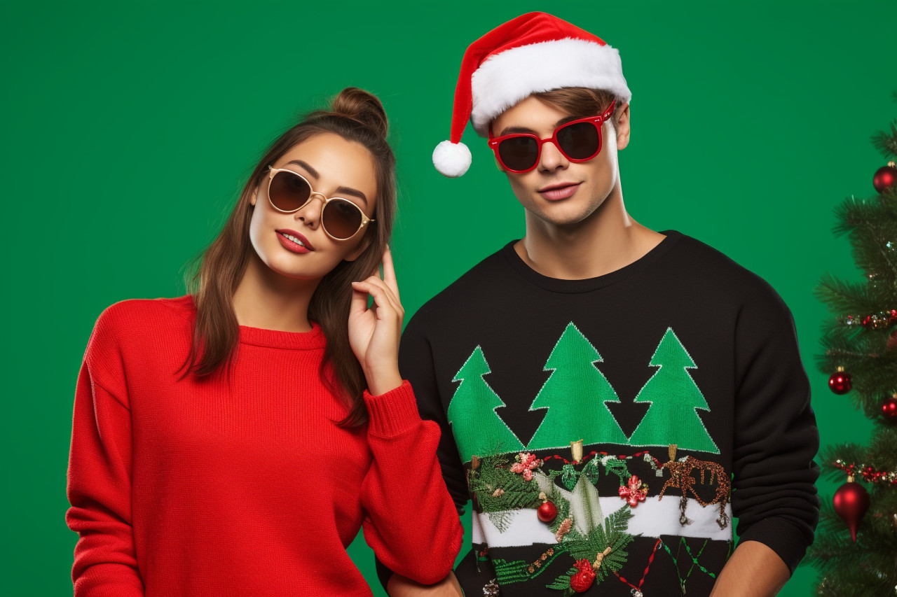 A photo of two young people in fashionable christmas clothes on a colored background, christmas festival people image