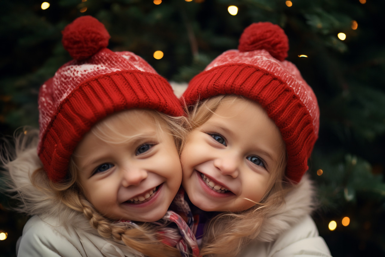 A photo of two happy and funny twin sisters hugging while celebrating christmas, christmas festival people image