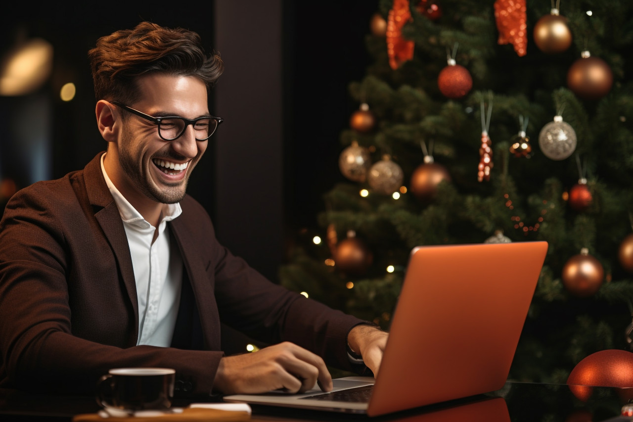 A photo of a young businessman working on his laptop during the christmas holidays, christmas festival people image