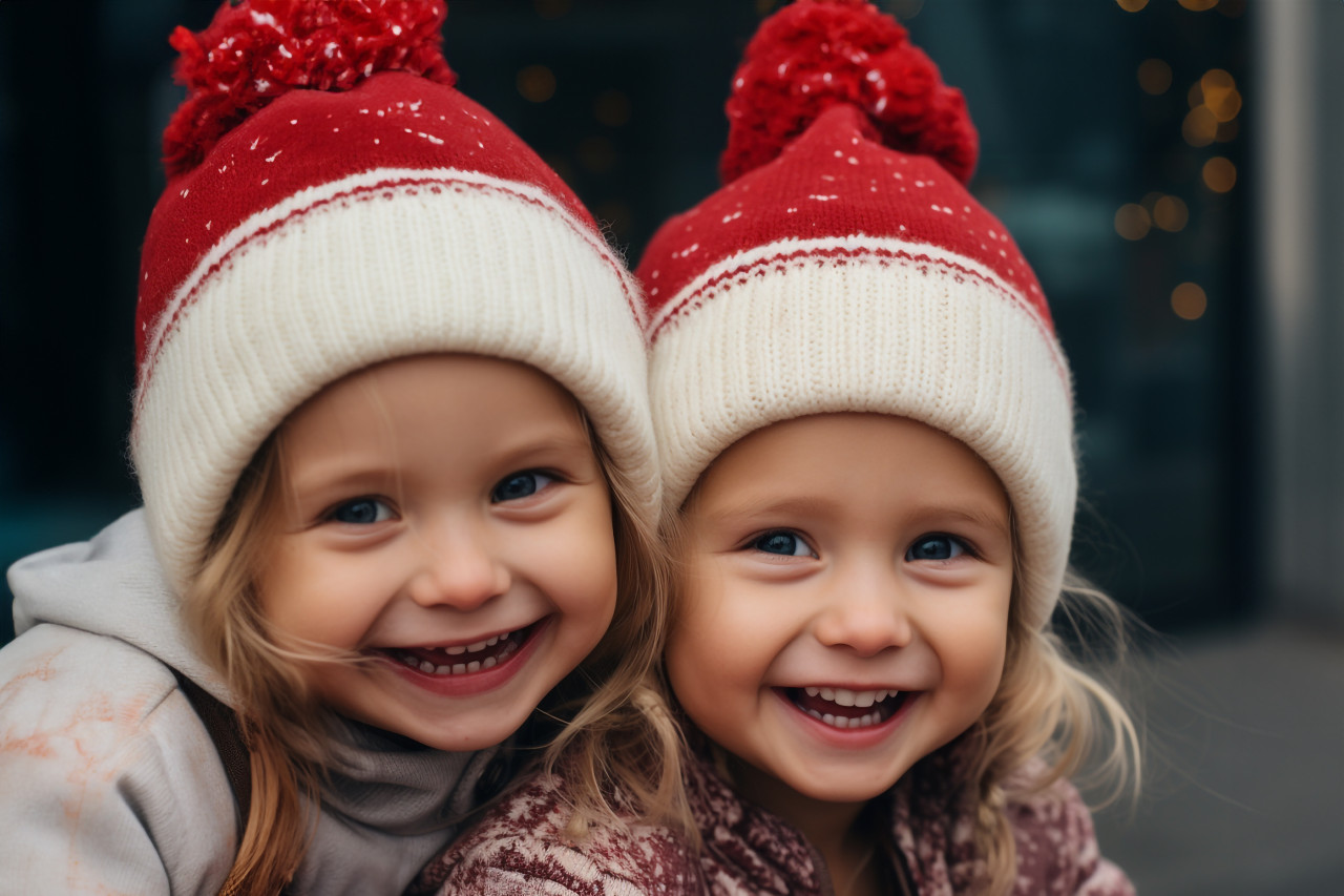 A photo of two happy and funny twin sisters hugging while celebrating christmas, christmas festival people image