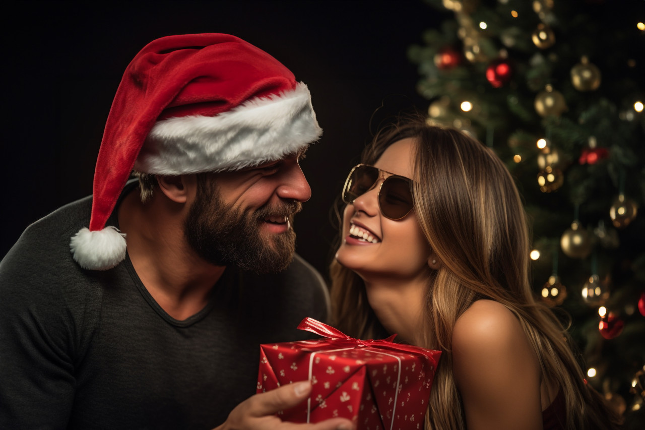 A photo of a man covering his girlfriend's eyes while he gives her a romantic christmas surprise gift, christmas festival people image