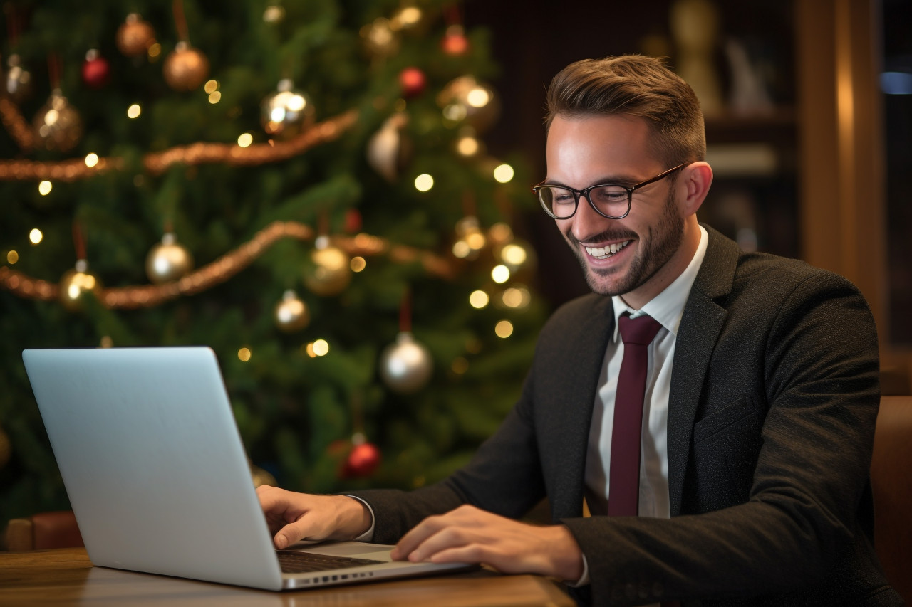 A photo of a young businessman working on his laptop during the christmas holidays, christmas festival people image