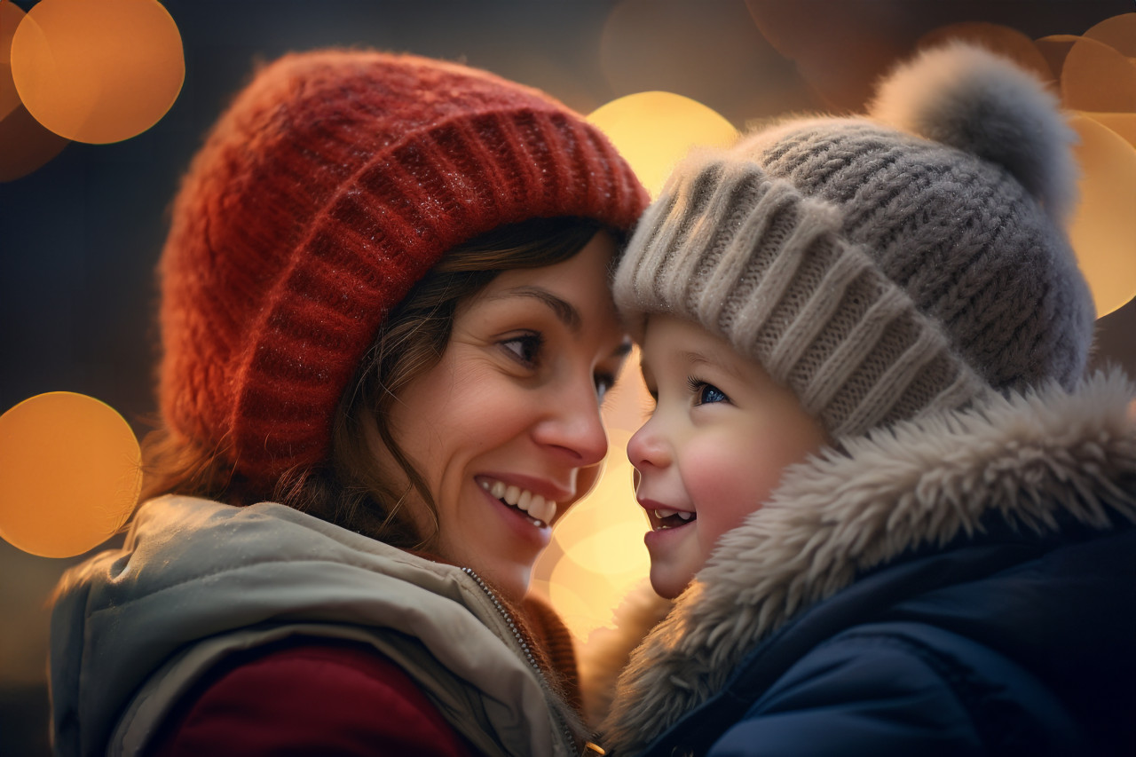 A picture of a happy family with a mother, a baby, and a young child playing in the snow during the winter holidays, christmas festival people image