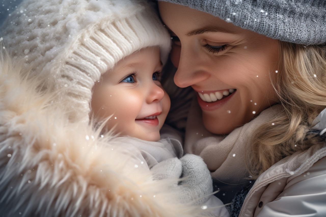 A picture of a happy family with a mother, a baby, and a young child playing in the snow during the winter holidays, christmas festival people image