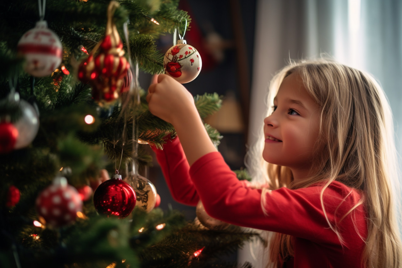 A picture of a pretty young girl decorating the christmas tree, christmas festival people image