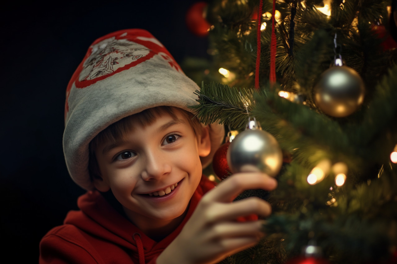 Photo of a happy boy in a santa hat decorating a christmas tree, christmas festival people image