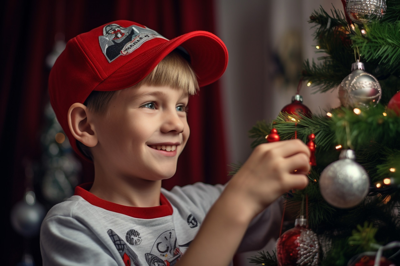 Photo of a happy boy in a santa hat decorating a christmas tree, christmas festival people image