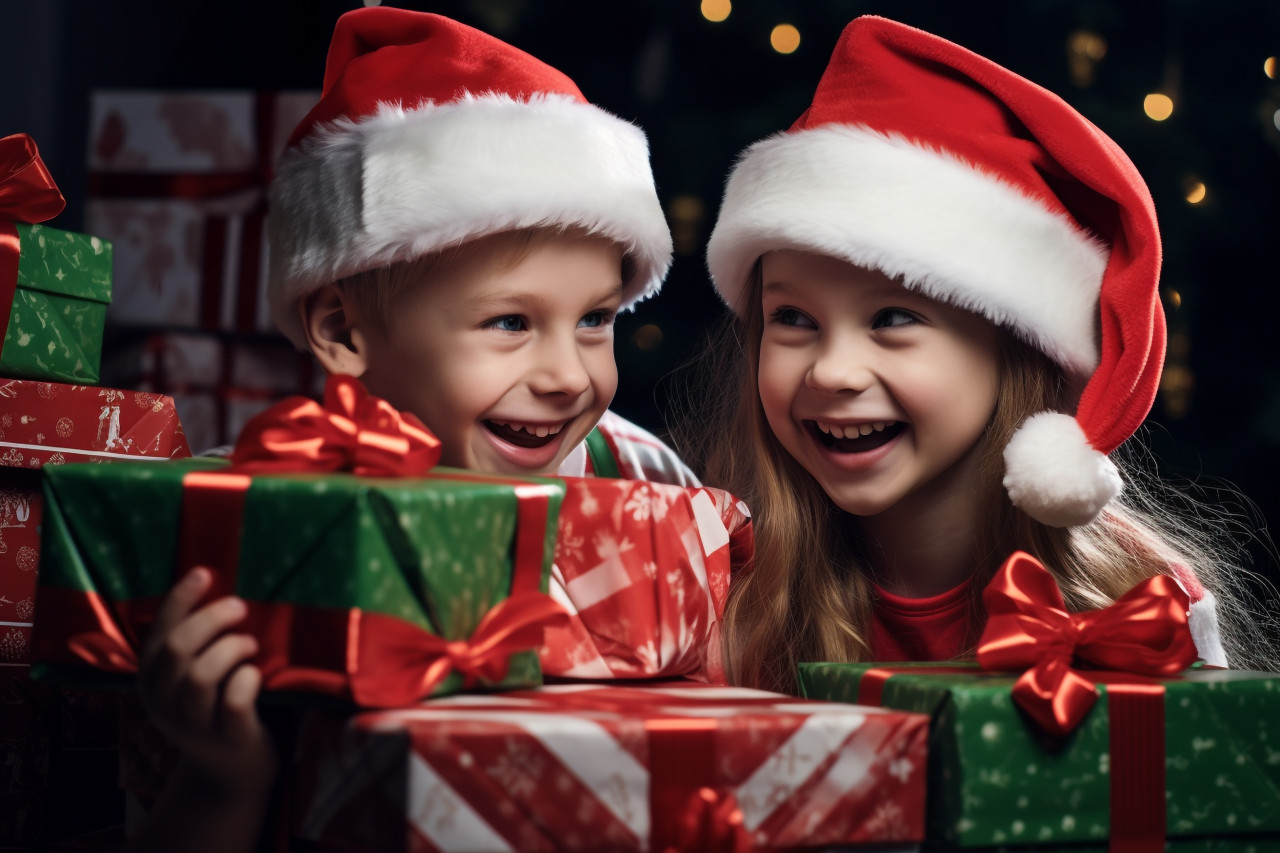 A photo of two happy children, a boy and a girl, dressed as santa's elf helpers, holding christmas presents, christmas festival people image