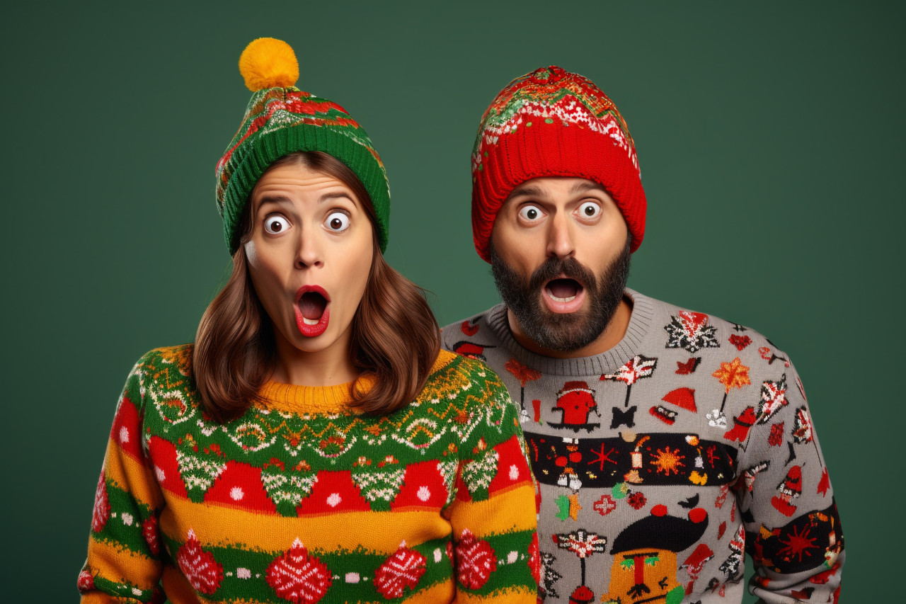 A picture of a young man and woman wearing christmas sweaters and knitted hats on a colored background, christmas festival people image