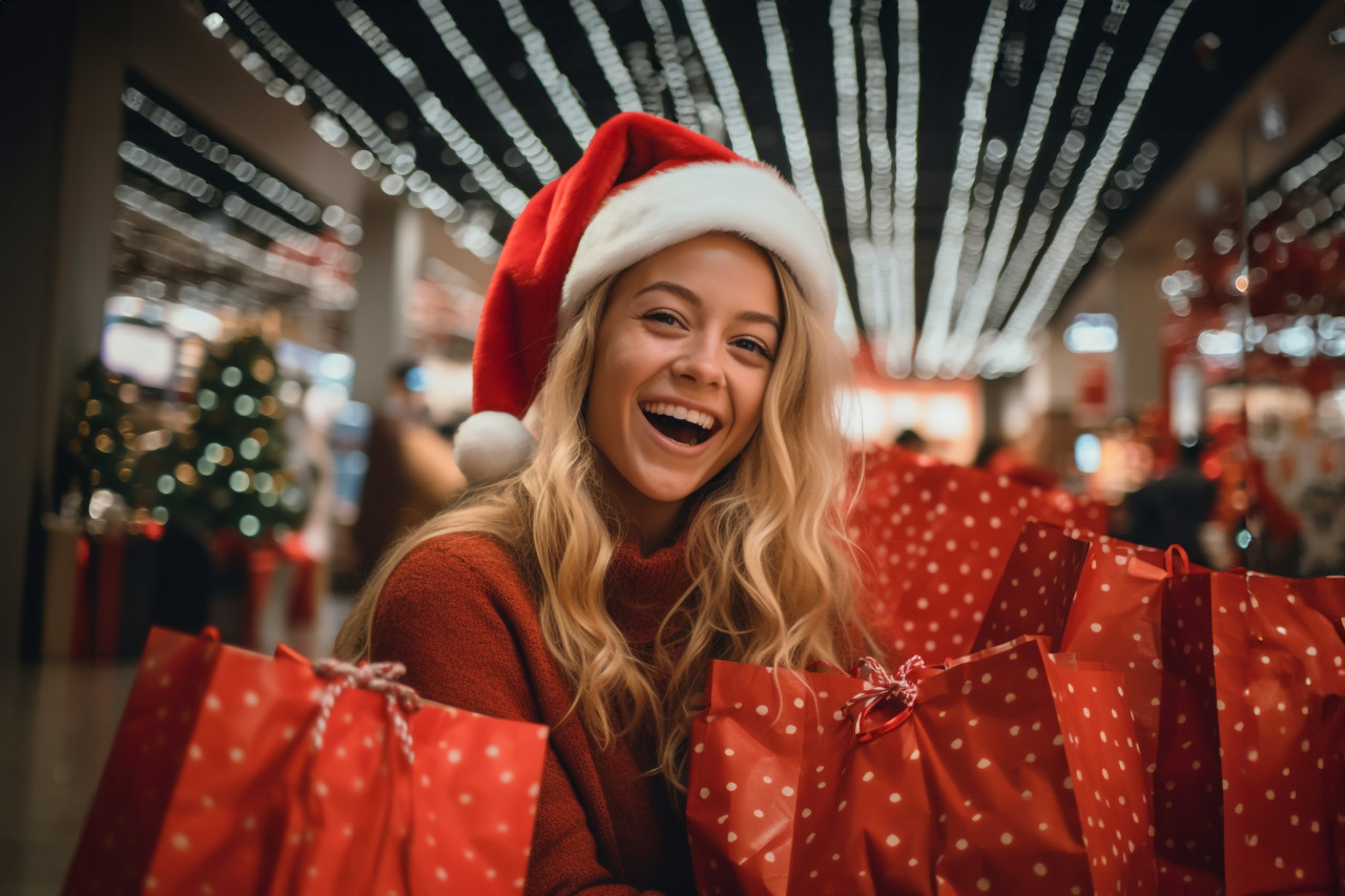 Picture of a smiling young woman shopping for christmas, christmas festival people image