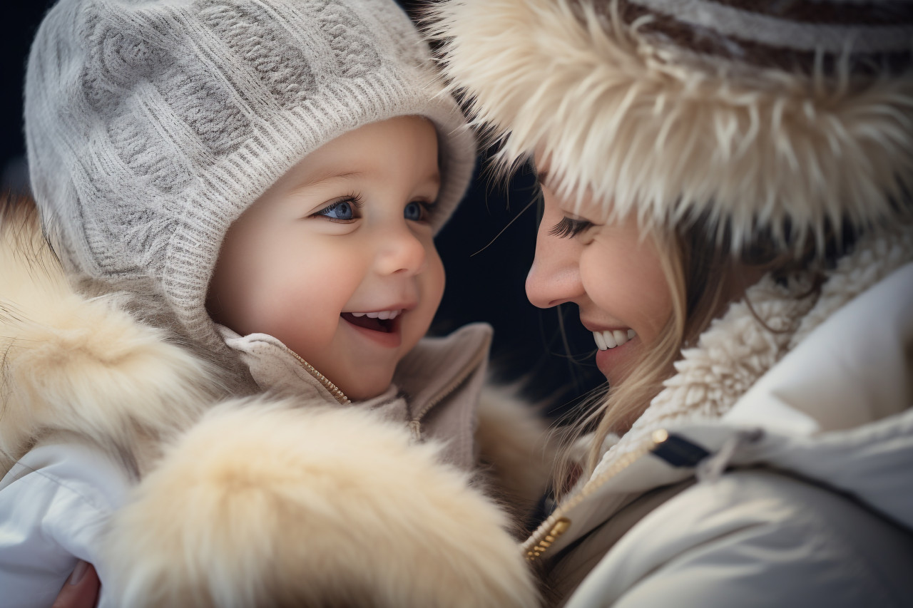 A picture of a happy family with a mother, a baby, and a young child playing in the snow during the winter holidays, christmas festival people image