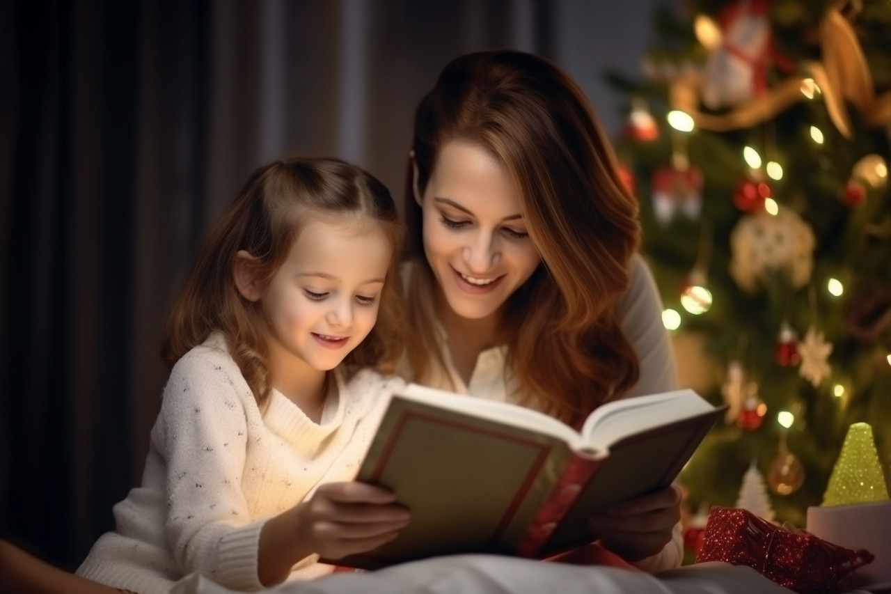 A photo of a happy mom reading a book to her daughter near a christmas tree, christmas festival people image