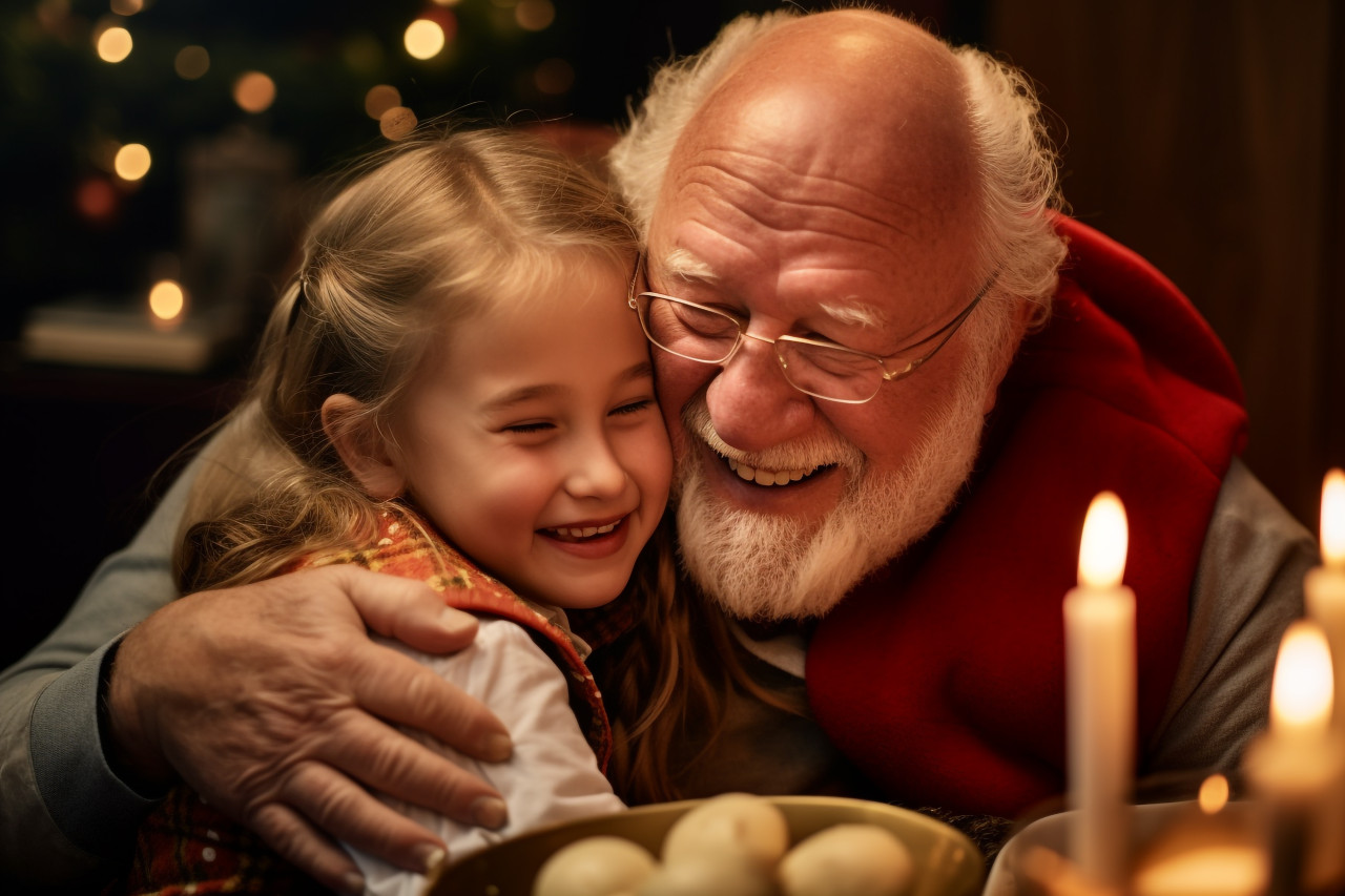 Photo of a happy little girl hugging her grandfather at christmas dinner. she is thanking him for her christmas present, christmas festival people image