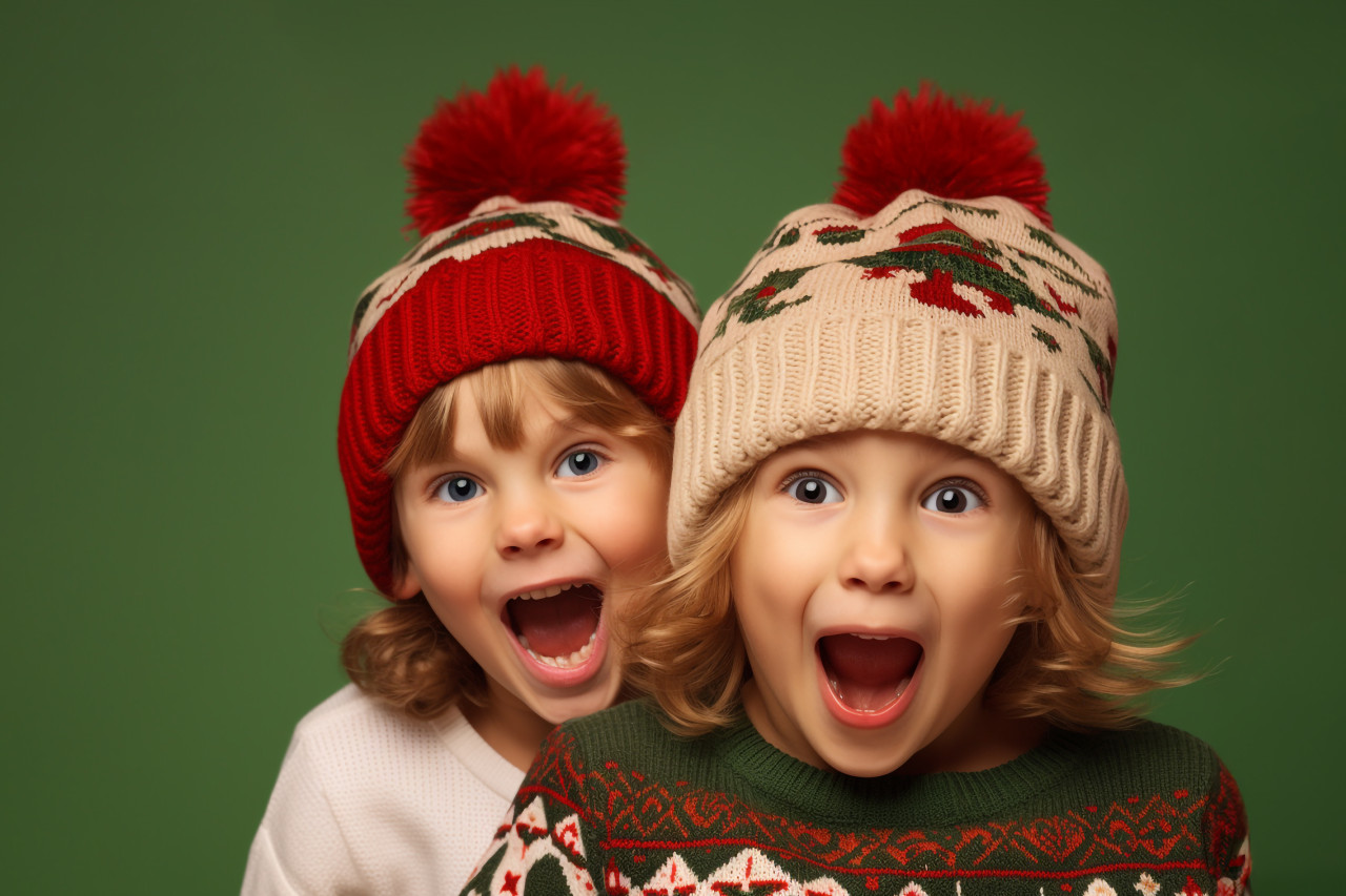 A photo of two funny kids, a boy and a girl, wearing santa hats and jumpers, isolated on a beige background, christmas festival people image