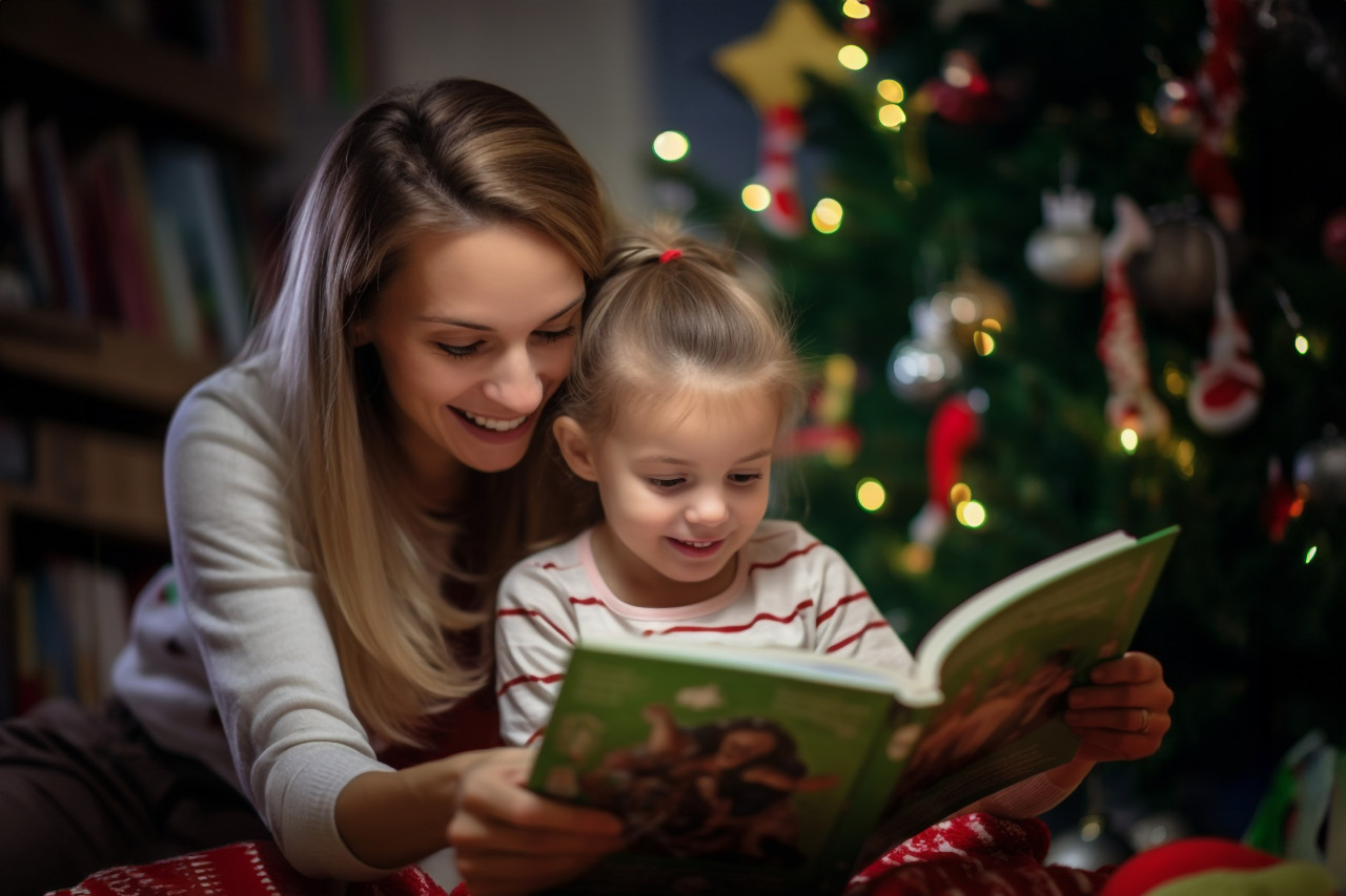 A photo of a happy mom reading a book to her daughter near a christmas tree, christmas festival people image