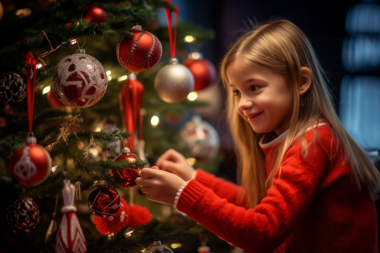 A picture of a little girl helping her mom decorate the christmas tree, christmas festival people image