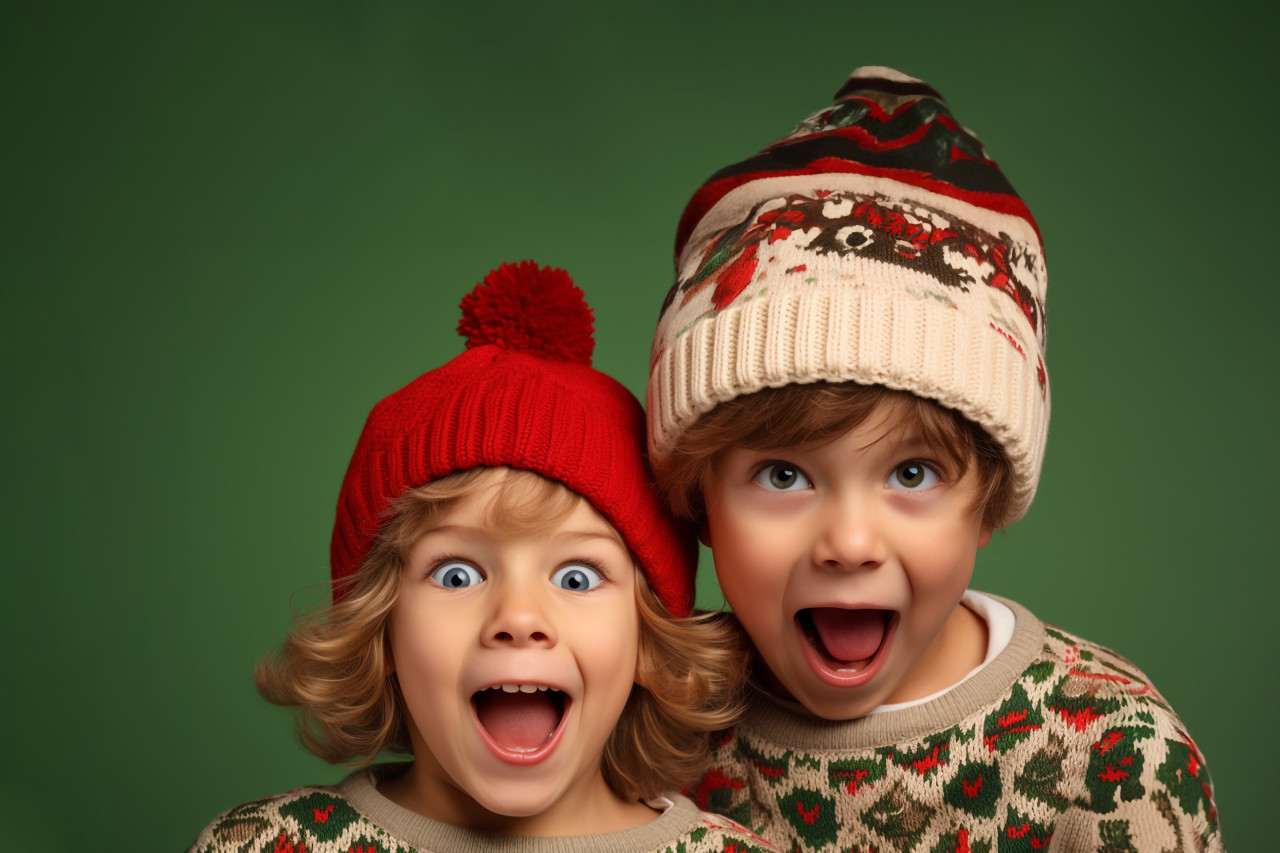 A photo of two funny kids, a boy and a girl, wearing santa hats and jumpers, isolated on a beige background, christmas festival people image