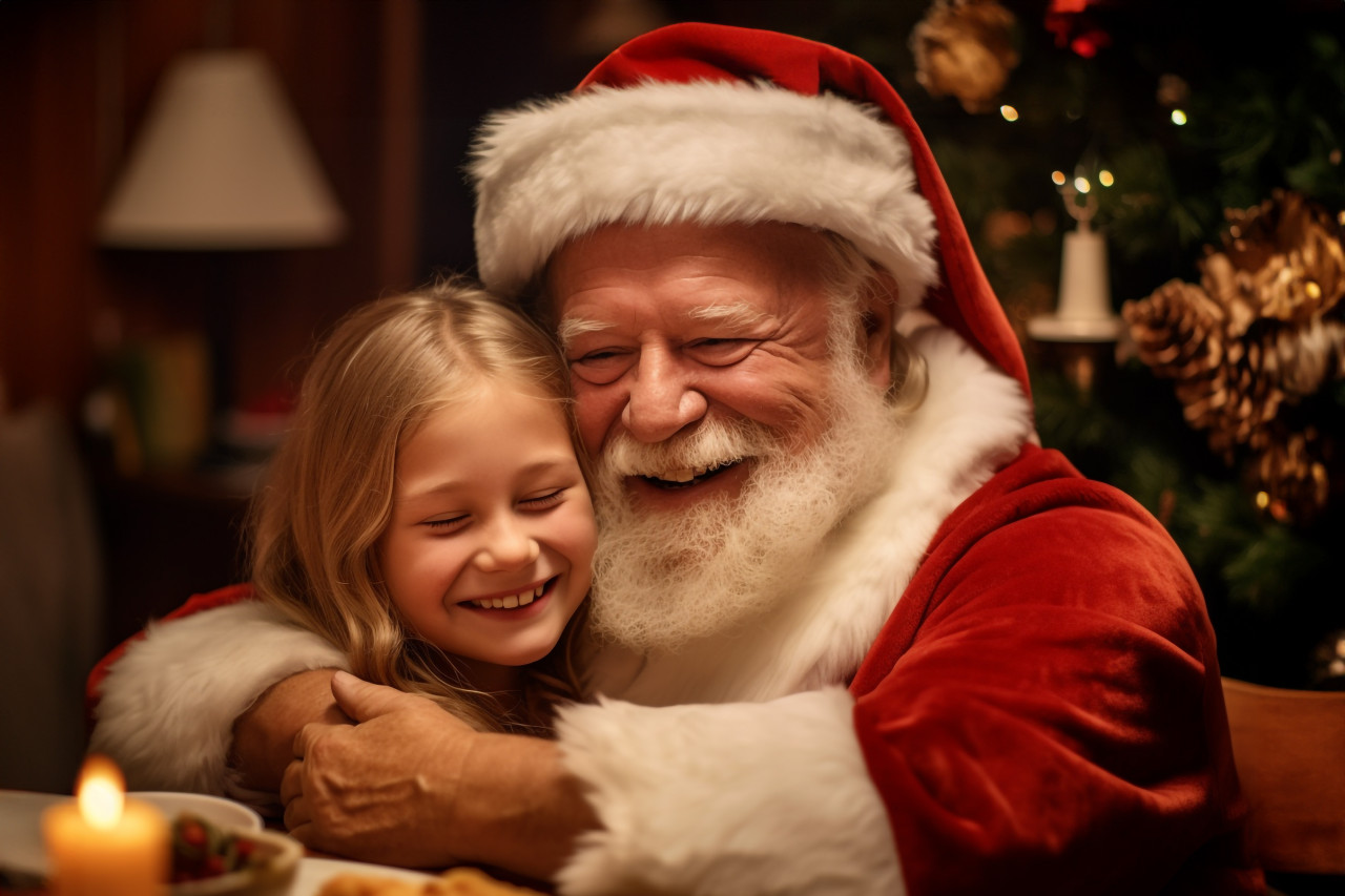 Photo of a happy little girl hugging her grandfather at christmas dinner. she is thanking him for her christmas present, christmas festival people image