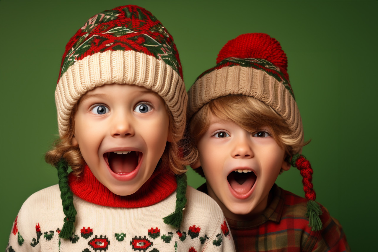 A photo of two funny kids, a boy and a girl, wearing santa hats and jumpers, isolated on a beige background, christmas festival people image