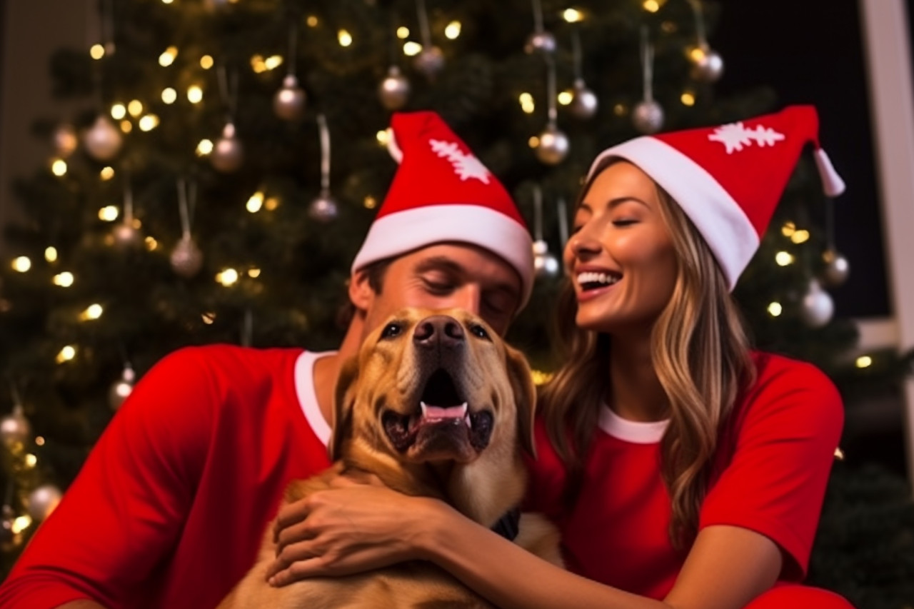 A photo of a happy couple with their labrador retriever dog sitting near a beautiful christmas tree at home, christmas festival people image