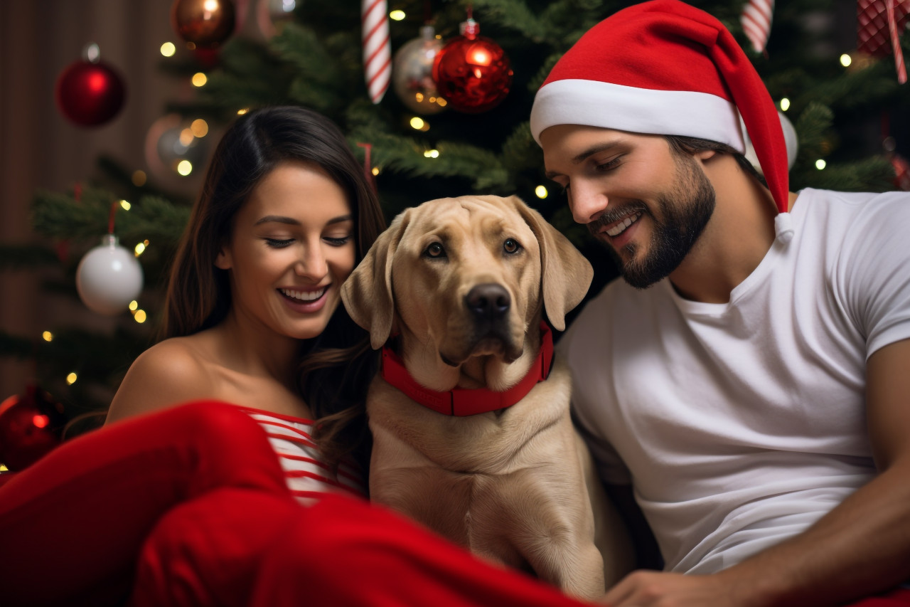 A photo of a happy couple with their labrador retriever dog sitting near a beautiful christmas tree at home, christmas festival people image
