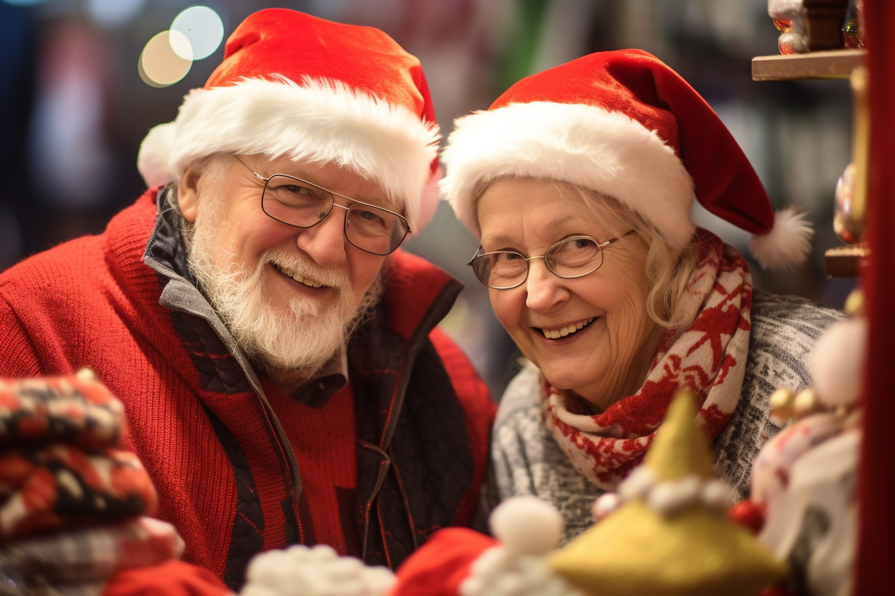 A photo of a happy older couple shopping at a christmas market souvenir shop in tallinn, christmas festival people image