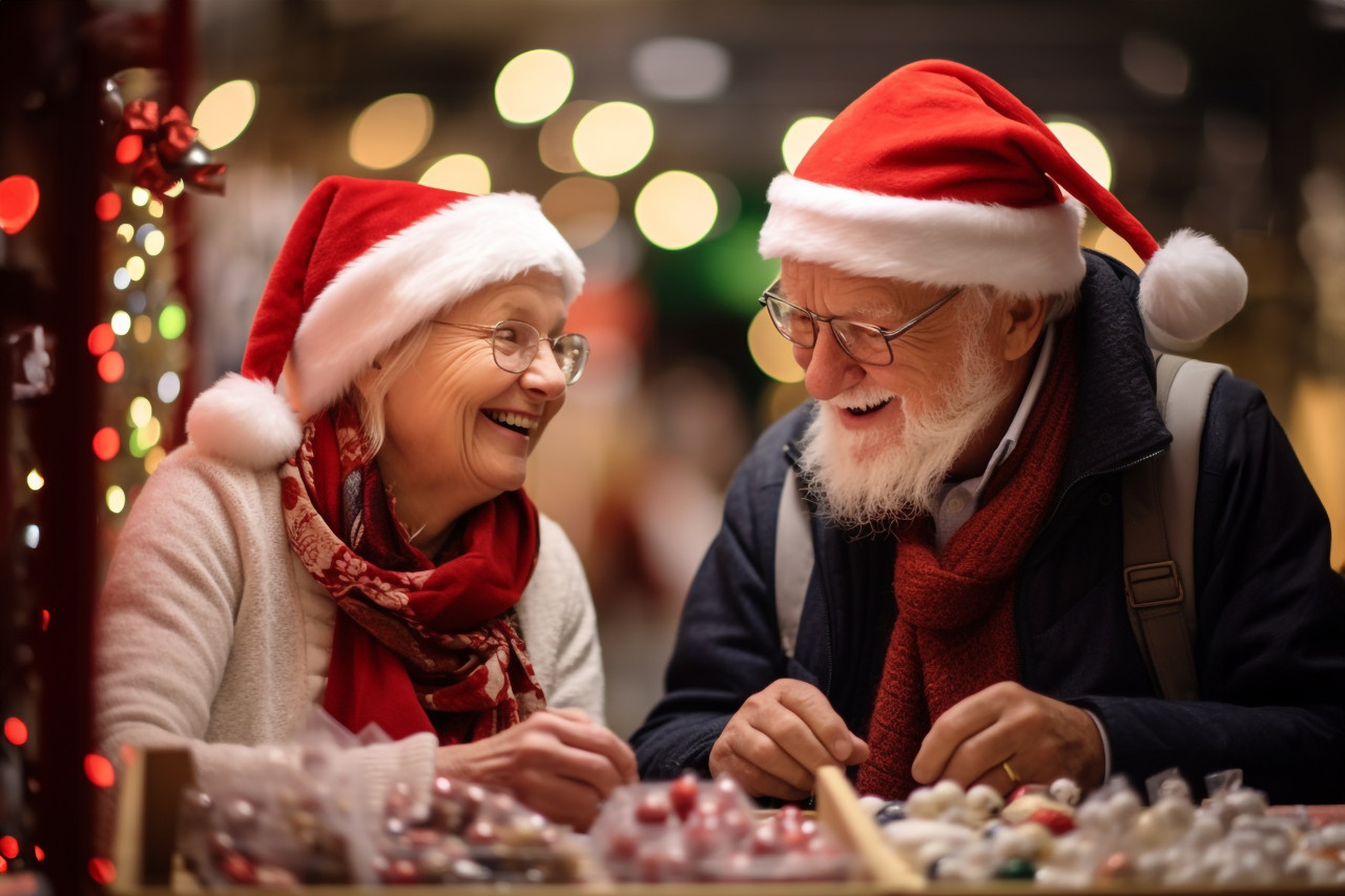 A photo of a happy older couple shopping at a christmas market souvenir shop in tallinn, christmas festival people image