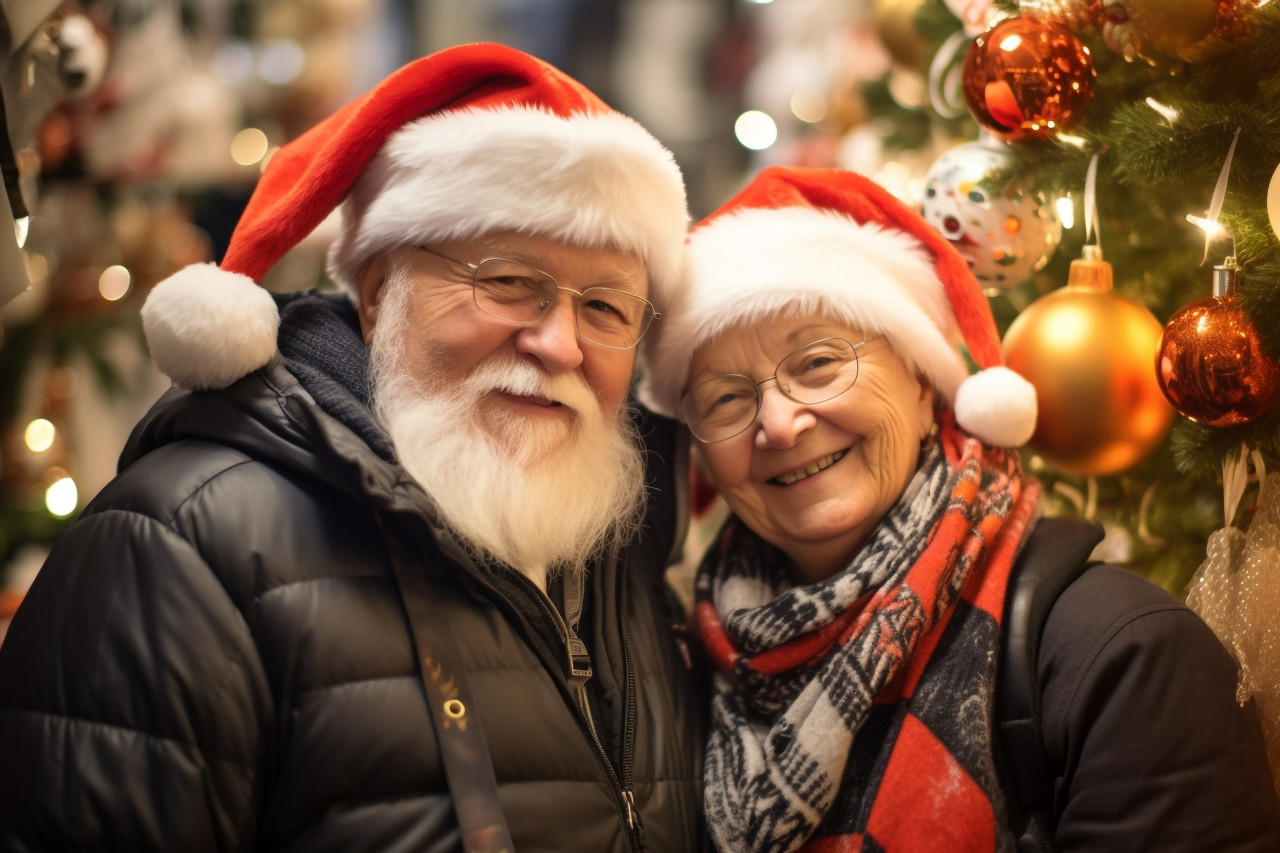 A photo of a happy older couple shopping at a christmas market souvenir shop in tallinn, christmas festival people image