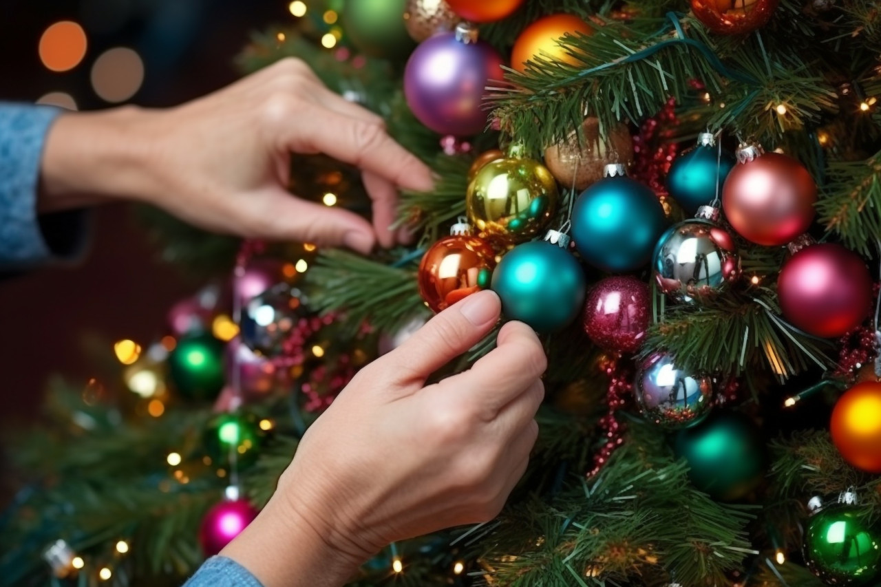 A photo of a womans hands decorating a christmas tree with balls and toys, christmas festival people image