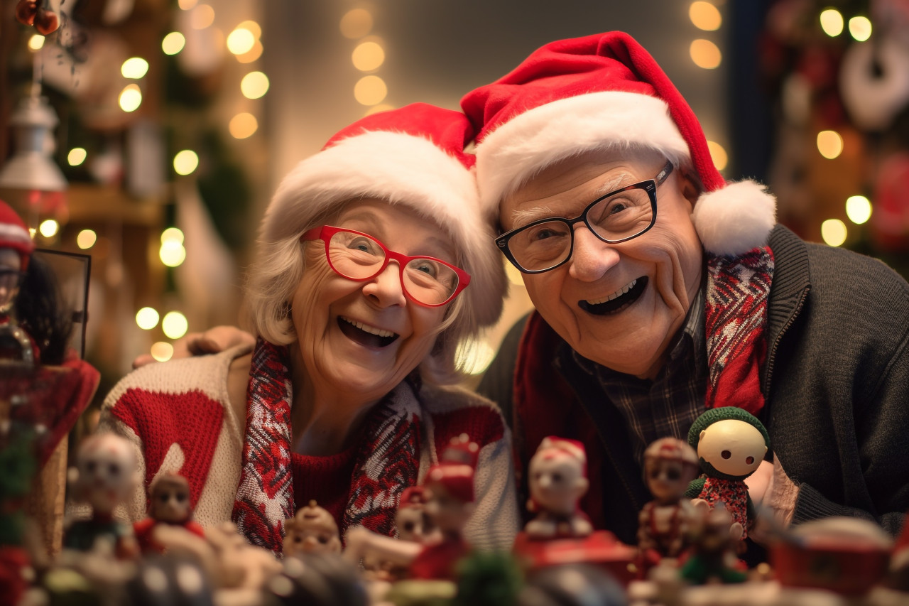 A photo of a happy older couple shopping at a christmas market souvenir shop in tallinn, christmas festival people image