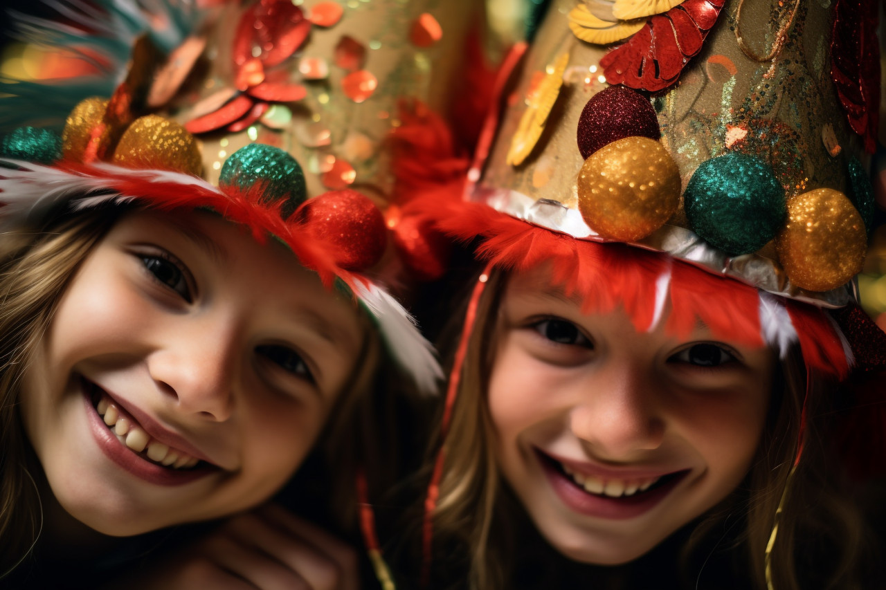 A close up photo of two pretty girls wearing new years hats, christmas festival people image