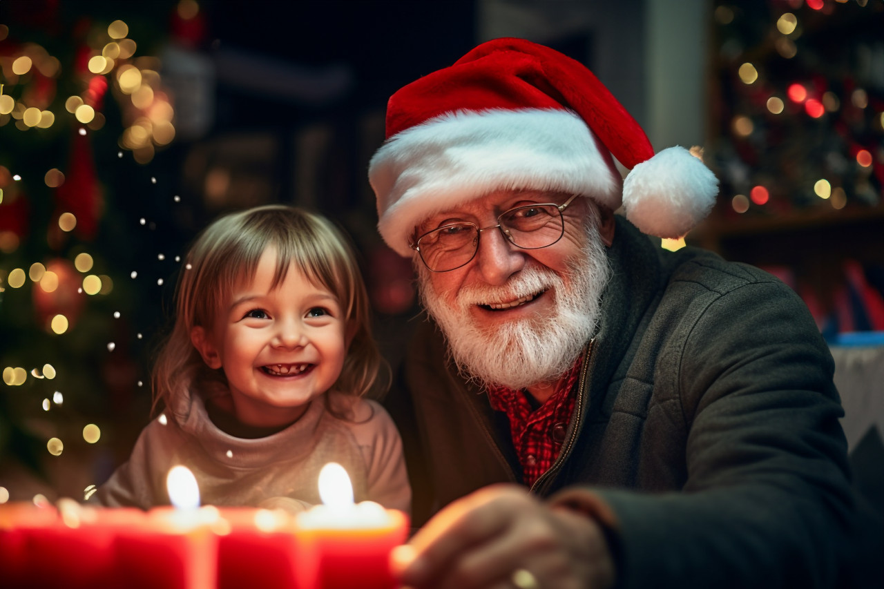 A picture of an old grandfather and his young granddaughter sitting at a table inside on christmas day, holding sparklers, christmas festival people image